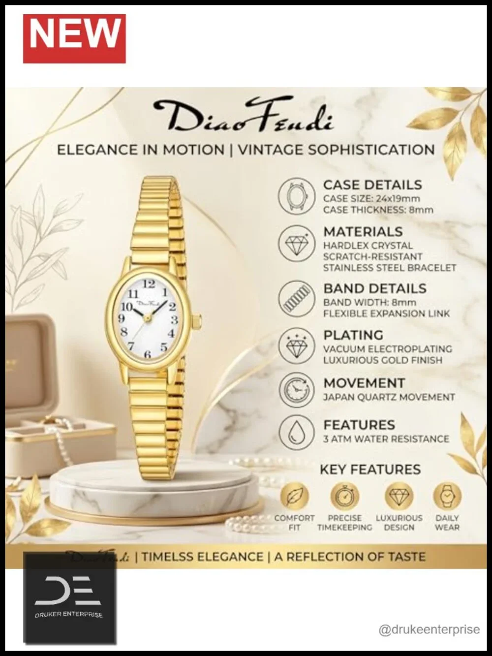 Gold Expansion Band Watch for Women - 3 Sizes S/M/L Japanese Quartz Water